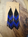 Black and cobalt blue handmade boho seed bead fringe earrings