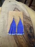 Purple and white handmade boho seed bead fringe earrings