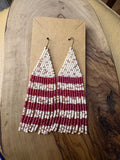 Red and white handmade boho seed bead fringe earrings