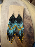 Turquoise geometric handmade boho seed bead fringe earrings