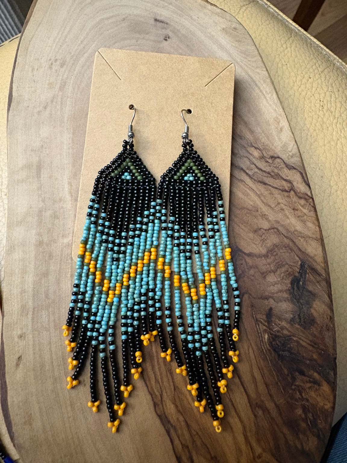 Turquoise geometric handmade boho seed bead fringe earrings