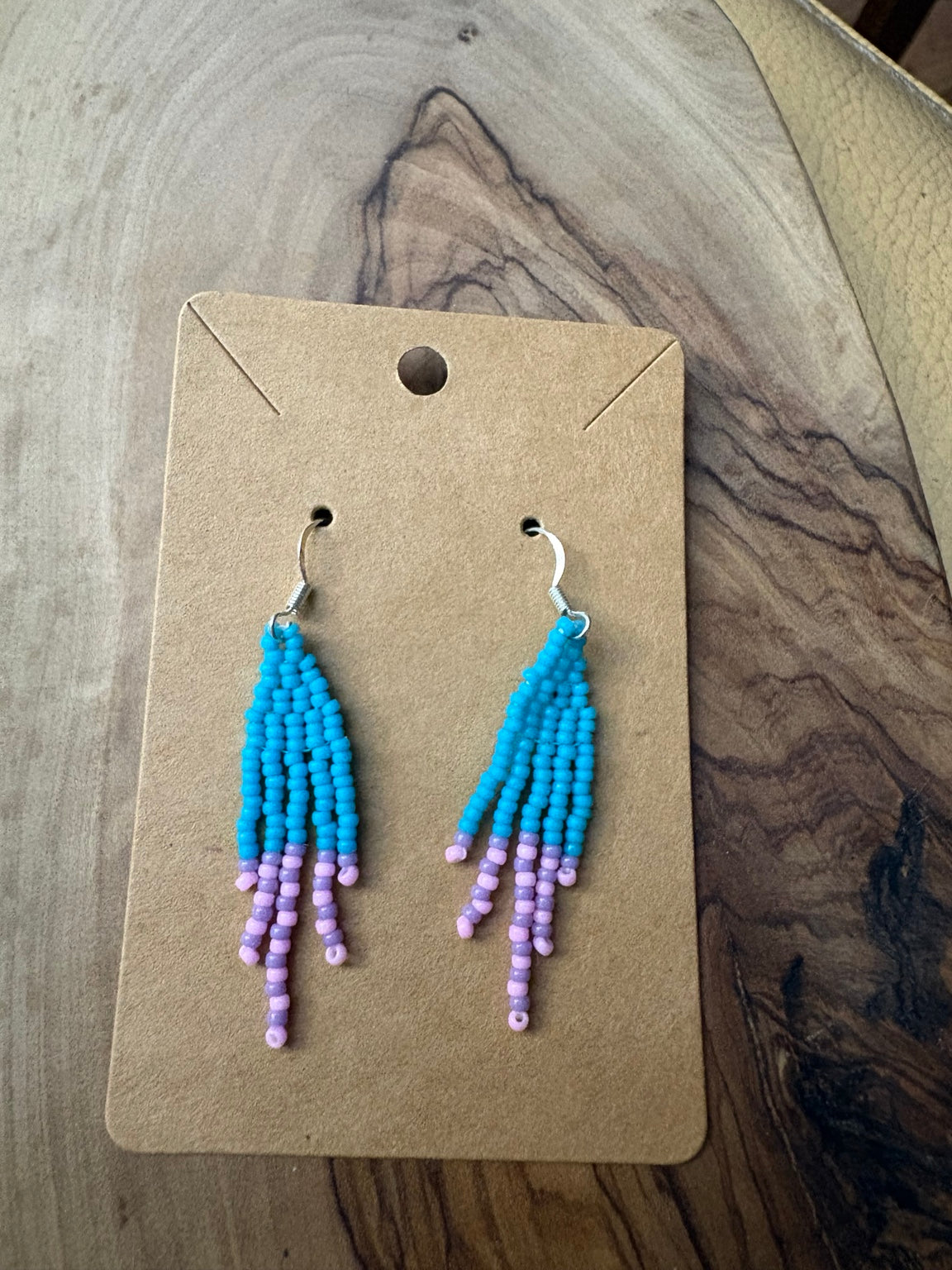 Turquoise and lavender handmade mini boho seed bead fringe earrings