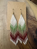 White sage red and silver handmade boho seed bead fringe earrings